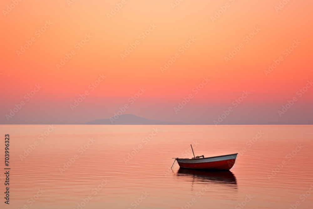 a boat floating on top of a large body of water under a pink and orange sky with a small island in the middle of the water and a distant island in the distance.