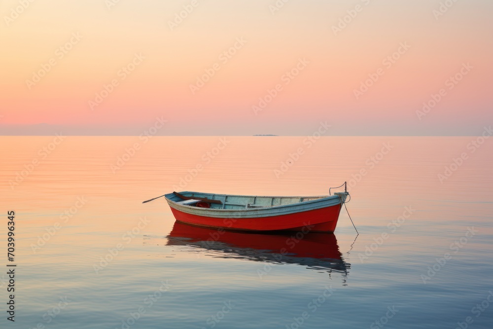  a red boat floating on top of a body of water under a pink and blue sky with a small boat in the middle of the water and a smaller boat in the middle of the water.