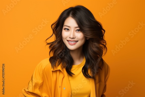 Portrait of a young Asian woman with long dark hair smiling in front of a yellow background photo