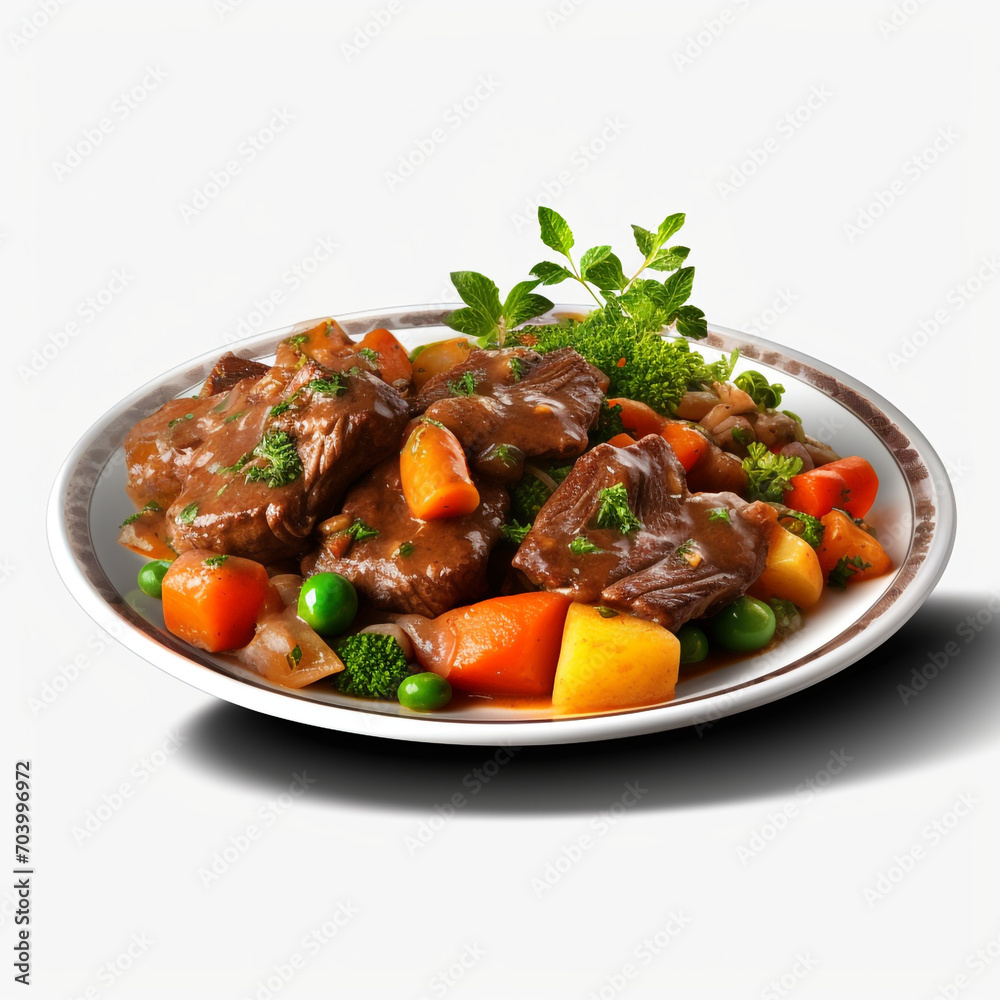 plate of braised beef and vegetables on transparent background created with Generative Ai