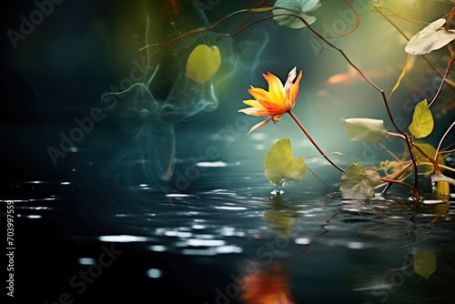  a yellow flower floating on top of a body of water next to a leafy plant with lots of green leaves on the side of the water and a dark background.