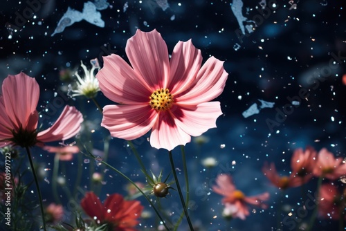  a group of pink flowers in a field with a blue sky and some white butterflies in the background with a little bit of light on the top of the flower.