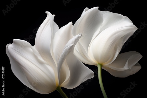  a couple of white flowers sitting on top of a black table next to a white vase with a white flower in it's center and another white flower in the middle.