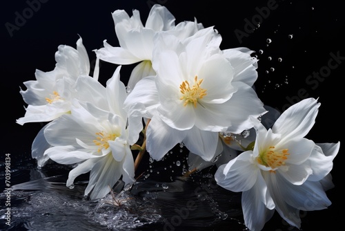  a group of white flowers floating on top of a body of water with drops of water on the bottom and bottom of the flowers on the top of the water.