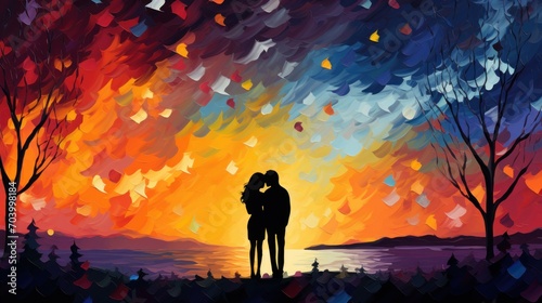  a painting of a couple holding each other in front of a sunset over a body of water with trees in the foreground and a colorful sky in the background.