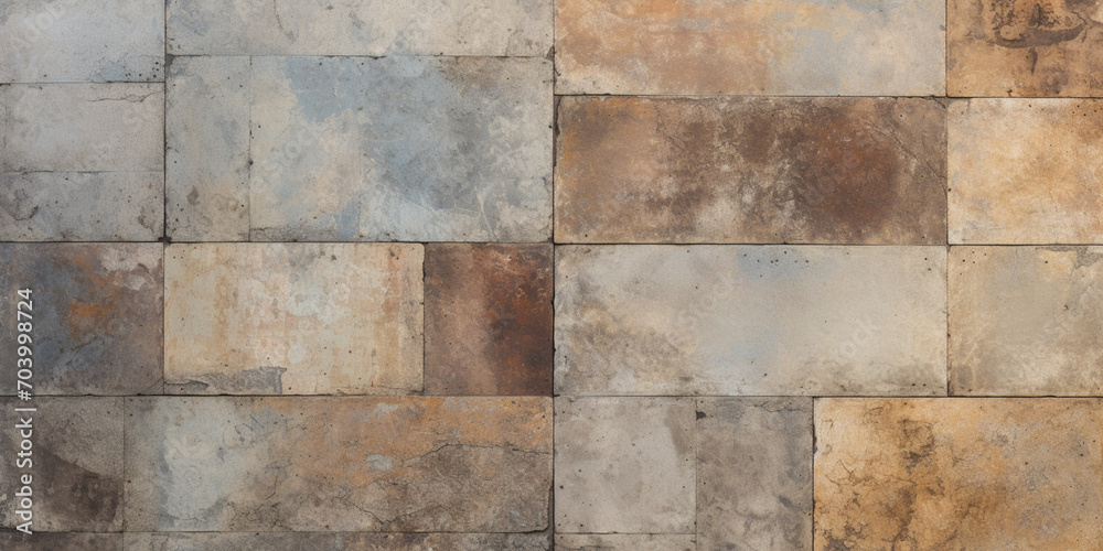 Naklejka premium background with the texture of old vintage worn cement tiles with the effect of a patchwork motif, brown-gray tinting