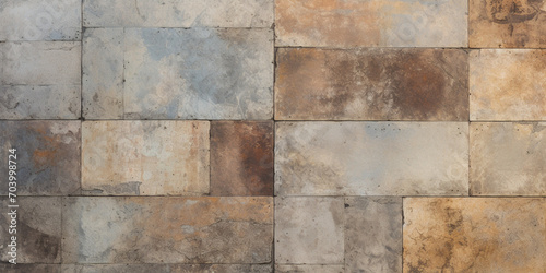 background with the texture of old vintage worn cement tiles with the effect of a patchwork motif, brown-gray tinting