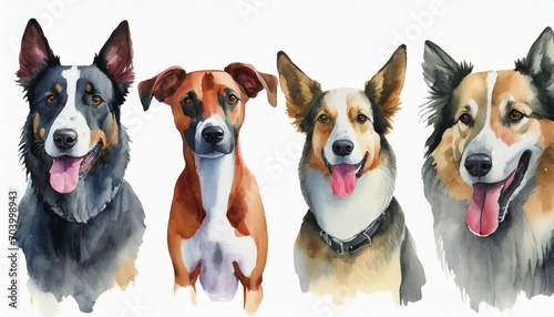set of dogs of various breeds painted in colorful watercolor on a white background in a realistic manner