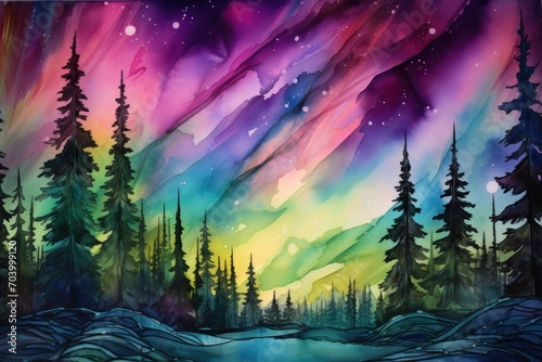  a painting of a night sky with aurora bores in the background and pine trees in the foreground, and snow on the ground, and snow on the ground. photo