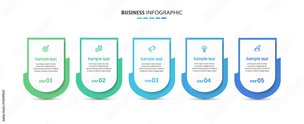Business infographics design template with 5 options and number, steps or processes. Data visualization. Vector illustration	 - obrazy, fototapety, plakaty 