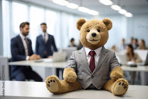adorable tedy-bear dressed in a suit, stationed on an office desk, symbolizing companionship in the workplace, professional plushie