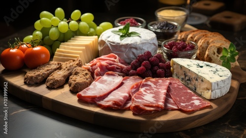  a variety of cheeses, meats, and fruit are arranged on a wooden platter with a variety of cheeses, meats, cheeses, breads, cheeses, and fruit, and cheeses.