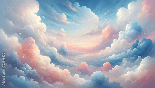 A background featuring abstract clouds in the sky with either a sun or sunset landscape, created using a watercolor technique to achieve a soft, light background.