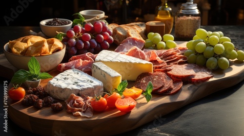  a variety of cheeses, meats, and breads on a wooden platter with grapes, grapes, bread, bread, and other foods on a table.