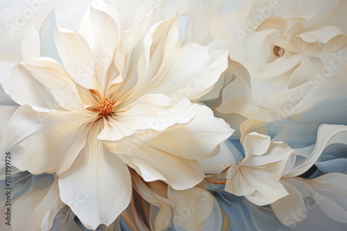  a painting of a large white flower on a blue and white background with a red center in the center of the flower and a smaller white flower in the middle of the center. © Shanti