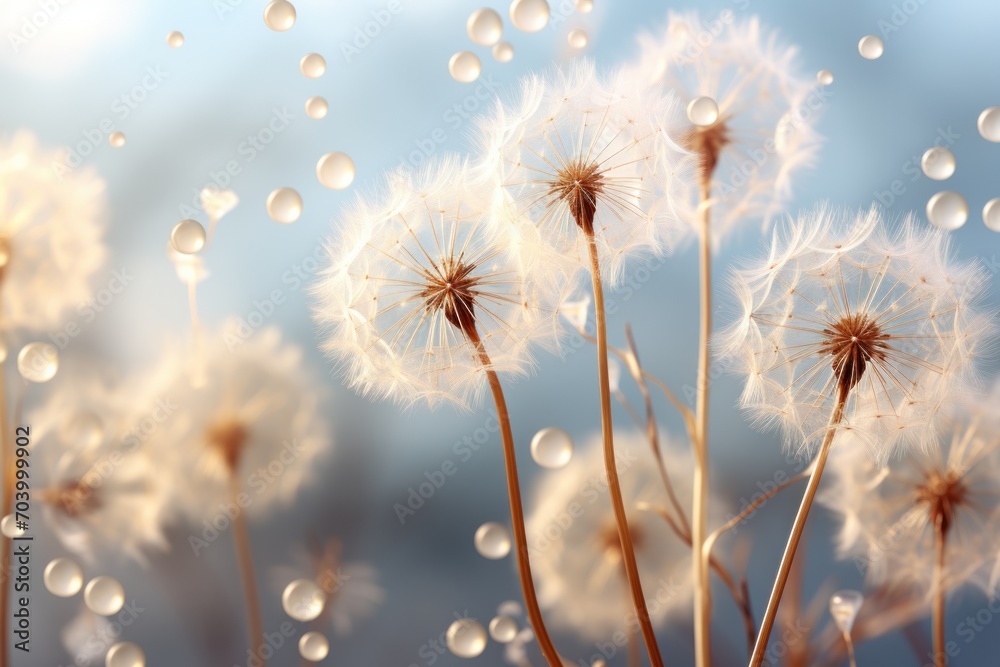a close up of a bunch of dandelions with drops of water on the dandelions in front of a blue sky with white clouds and blue background. a close up of a bunch of dandelions with drops of water on the dandelions in front of a blue sky with white clouds and blue background.