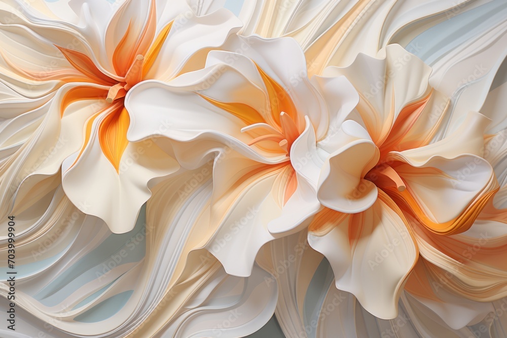  a close up of a white and orange flower on a blue and white background with a white and orange flower in the middle of the center of the flower is an orange center of the flower.