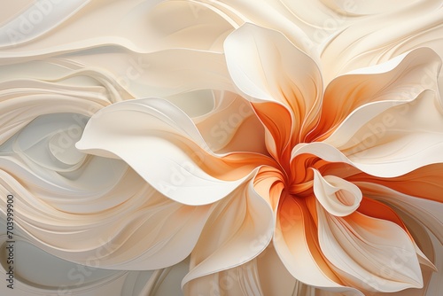  a close up of a white and orange flower with swirly petals in the middle of the petals and the center of the flower in the middle of the petals.