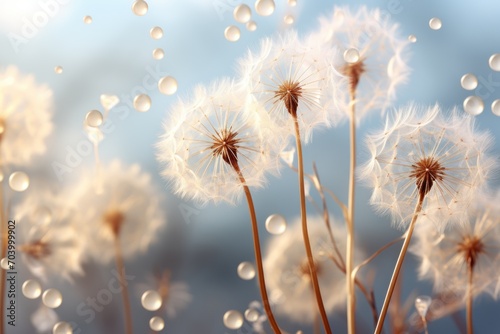  a close up of a bunch of dandelions with drops of water on the dandelions in front of a blue sky with white clouds and blue background.