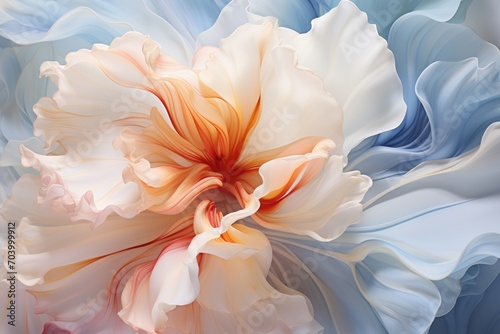  a close up of a white and orange flower with blue and white swirls in the bottom half of the flower and the center part of the flower in the middle of the petals.