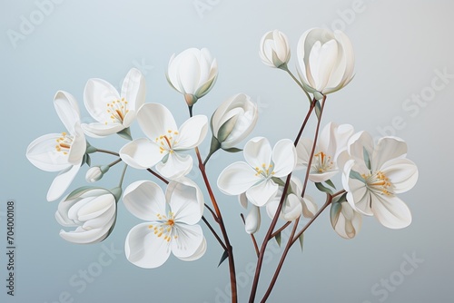  a bunch of white flowers sitting on top of a blue and white table top next to a white vase with white flowers on top of a blue and white table.