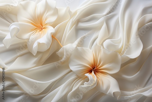  a close up of a white flower on a white satin material background with two large white flowers in the center of the image and a smaller white flower in the center of the middle. © Shanti