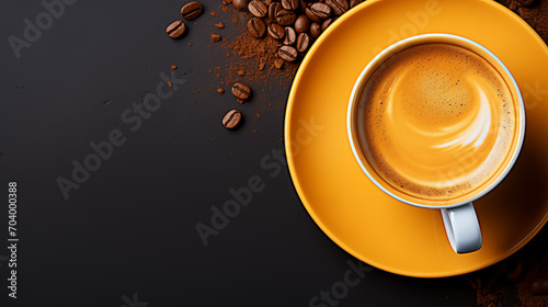 cup of coffee beans, coffee cup on a dark, gold background. a flat lay with minimal elements. upper view
