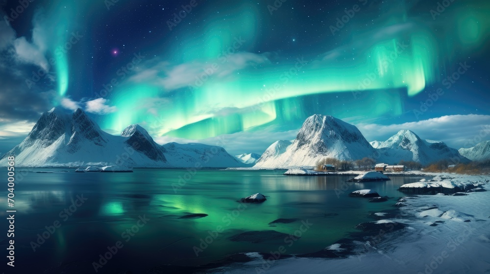 Northern lights in the sky in the winter mountain landscape