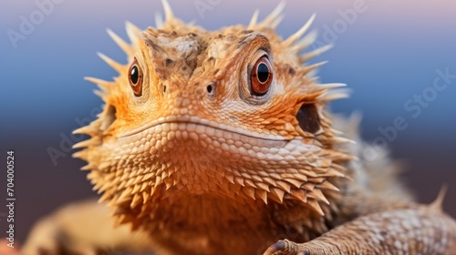  a close up of a lizard's head with a blue sky in the back ground behind it and a blue sky in the back ground in the back ground. photo
