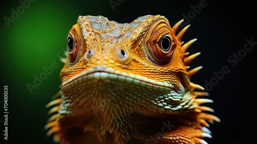  a close up of a lizard s head on a black background with a green light in the back ground and a green light in the back ground behind it.