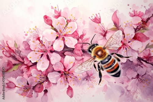  a painting of a bee sitting on a branch of a blossoming tree with pink flowers in the foreground and a bee on the right side of the frame. © Shanti