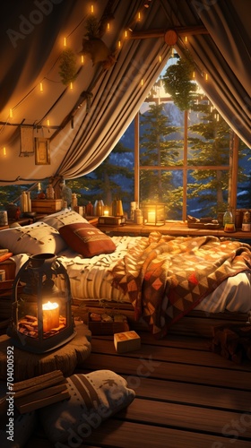 Cozy bedroom with a view of the forest