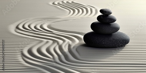 Pyramid of Grey  Black smooth stones laid on the sand with a pattern of waves. Zen. Meditation. Concept balance  peace  calm  harmony. Minimalism. Relax. Natural background. Copy space. Ai art