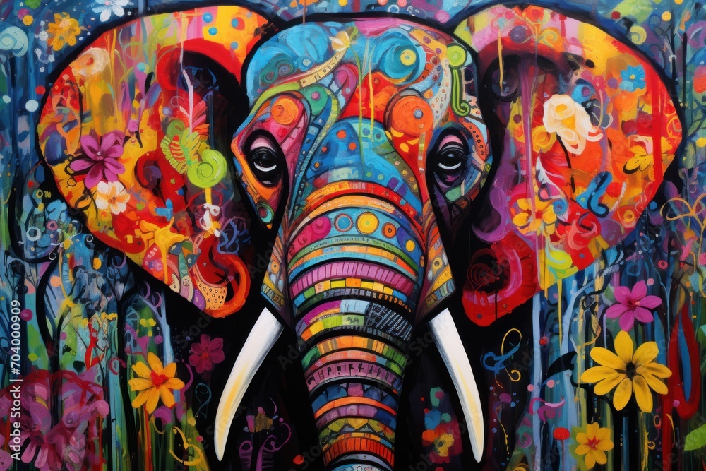  a painting of a colorful elephant with tusks and flowers on it's head, with a blue sky in the background and yellow flowers in the foreground.