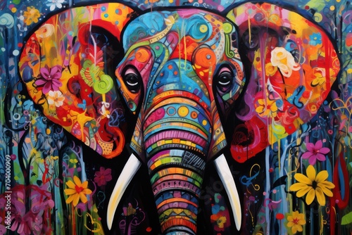  a painting of a colorful elephant with tusks and flowers on it's head, with a blue sky in the background and yellow flowers in the foreground.