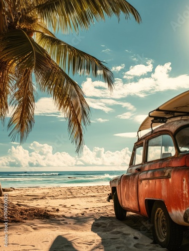 An old car parked on a tropical beach with a canoe on the roof. © Lubos Chlubny