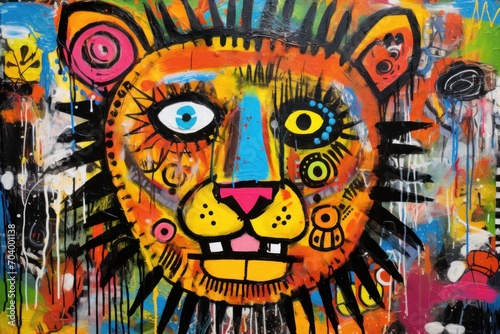  a close up of a painting of a lion on a wall with lots of paint splattered all over it s face and a lion s head.
