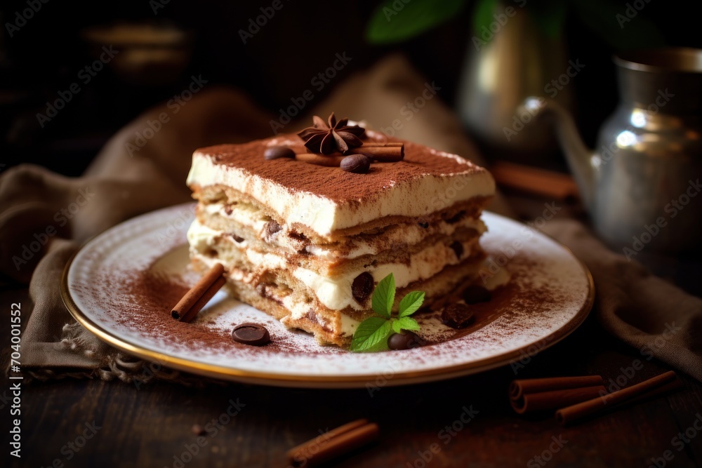 a piece of cake sitting on top of a white plate next to a cup of coffee and a pot of coffee beans and cinnamon on the side of the plate. a piece of cake sitting on top of a white plate next to a cup of coffee and a pot of coffee beans and cinnamon on the side of the plate.