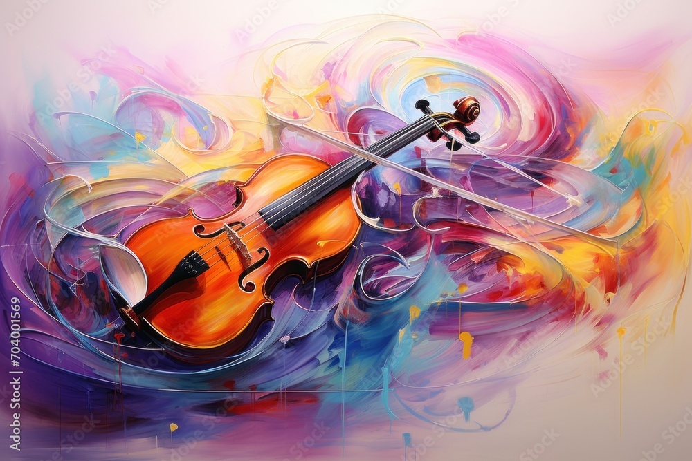  a painting of a violin with a violin bow on it's back and a violin in the middle of the painting with a violin on it's back.