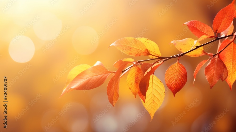 a branch with yellow and red leaves in front of a blurry background of yellow and orange leaves in the foreground, with the sun shining in the background. a branch with yellow and red leaves in front of a blurry background of yellow and orange leaves in the foreground, with the sun shining in the background.