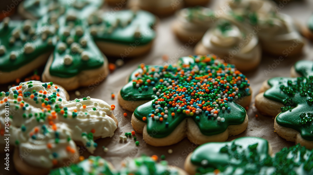 Frosted St. Patricks Day shamrock or four leaf clover decorated sugar cookies Frosted St. Patricks Day shamrock or four leaf clover decorated sugar cookies