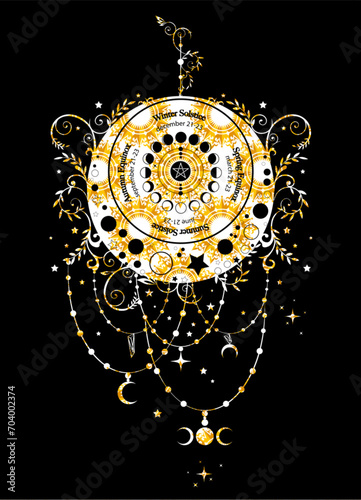solstice and equinox circle, wheel of moon phases with dates and names. Gold luxury floral crescent moon in boho style. Lucky pagan oracle of the Wiccan witches, vector isolated on black background
