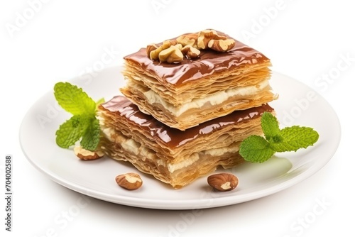  a close up of a plate of food with a piece of cake on top of it with nuts on the side of the plate and a mint on the side of the plate.