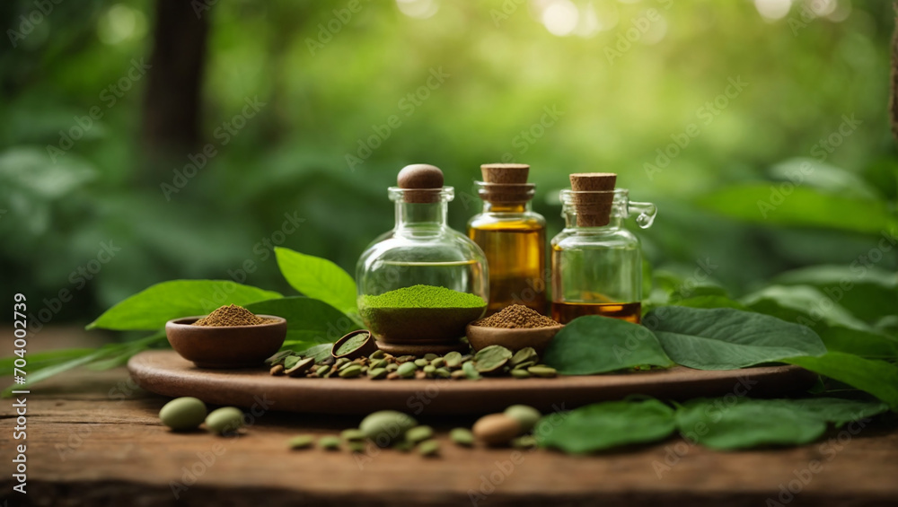 Illustration background for natural ayurvedic organic medicine, natural perfume. healing herbs, Generative AI - obrazy, fototapety, plakaty 