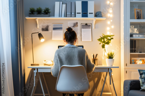 A woman focusing on her work at a cozy home office setup with a computer and warm ambient lighting. photo