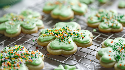 Frosted St. Patricks Day shamrock or four leaf clover decorated sugar cookies