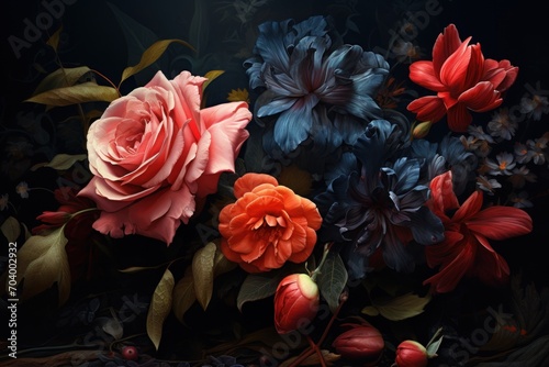  a close up of a bunch of flowers on a black background with leaves and flowers on the bottom of the picture and the bottom of the flowers on the bottom of the picture.