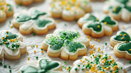 Frosted St. Patricks Day shamrock or four leaf clover decorated sugar cookies