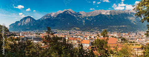 High resolution stitched alpine summer panorama with the famous Nordkette mountains in the background at Innsbruck, Tyrol, Austria