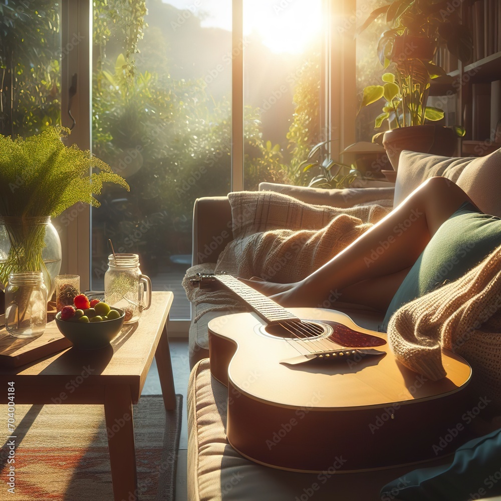 A relaxing scene of a guitar resting on a sofa, enjoying the sunlight and the greenery - obrazy, fototapety, plakaty 